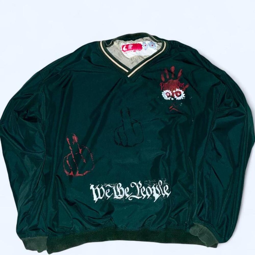 Upcyled & hand-painted pullover windbreaker ‘We The People’ & Middle Finger Art